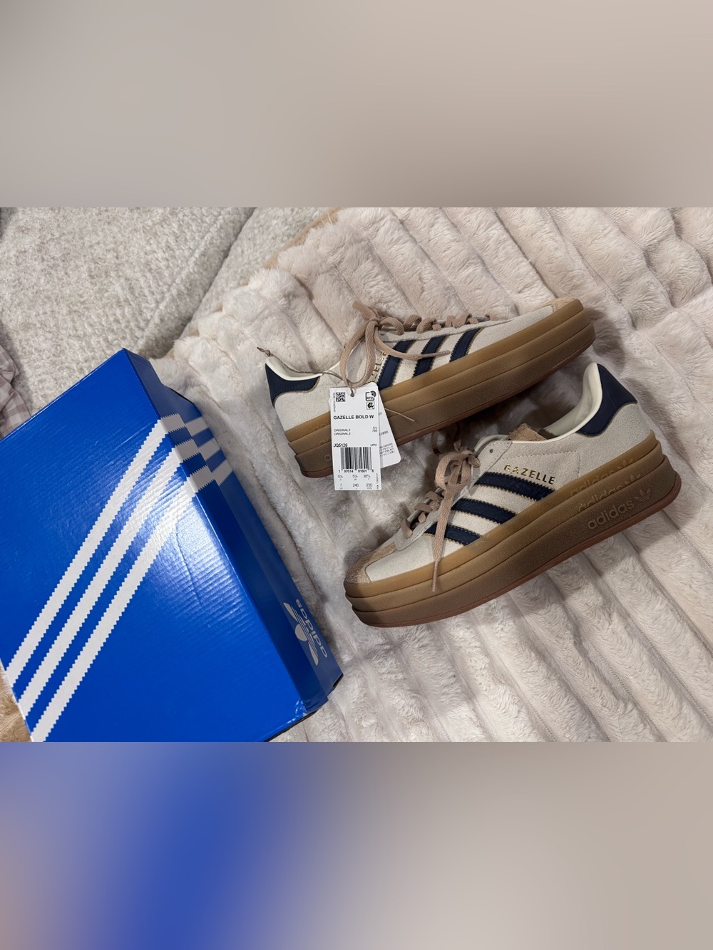 Adidas Gazelle Bold Sneakers in Cream with Navy Stripes